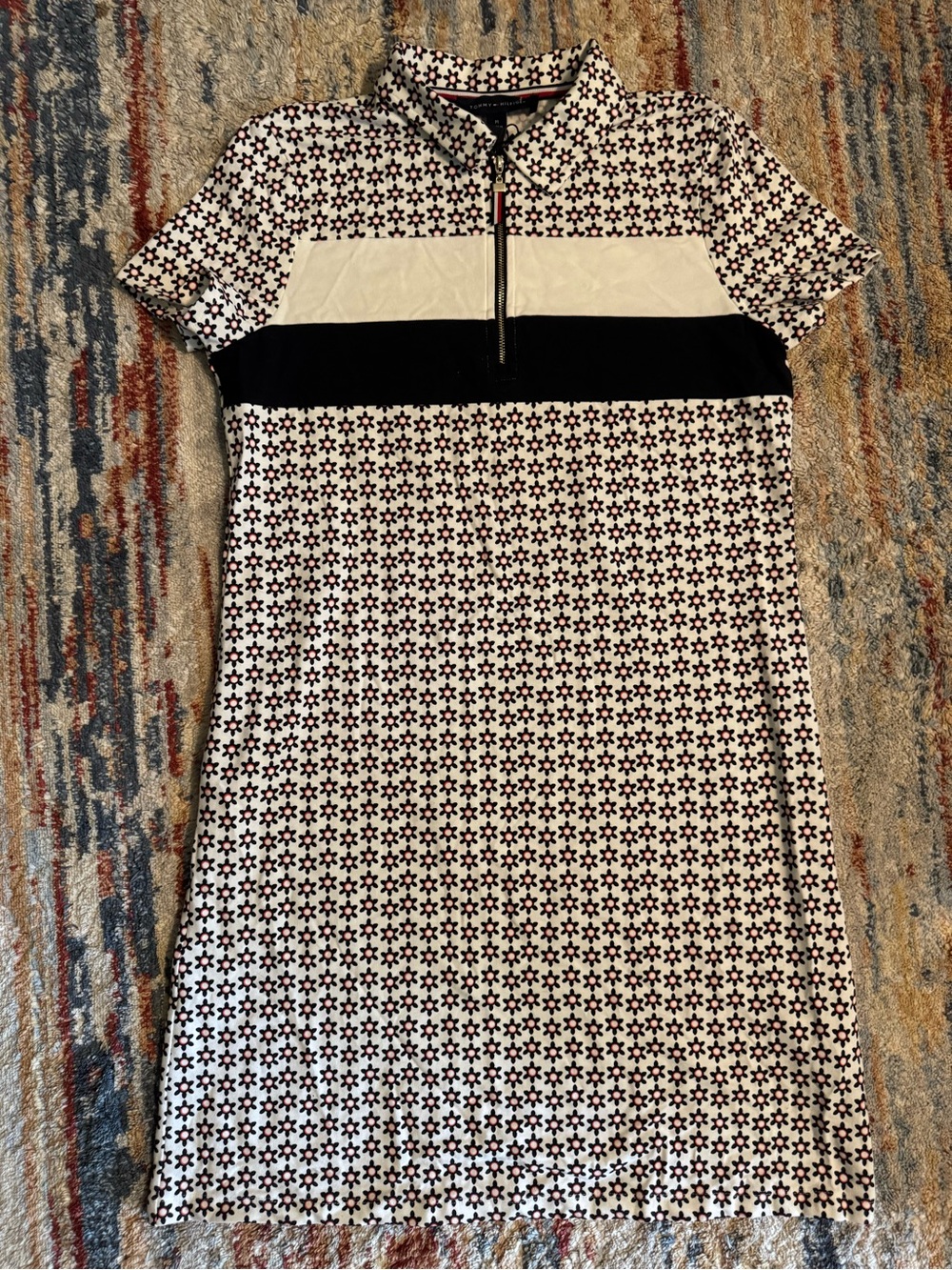 Tommy Hilfiger Short Sleeve Geo-Print Polo Dress in White and Black